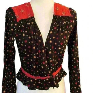 FREE PEOPLE Where We Roam Red and Black Printed Cropped Blouse Size Small